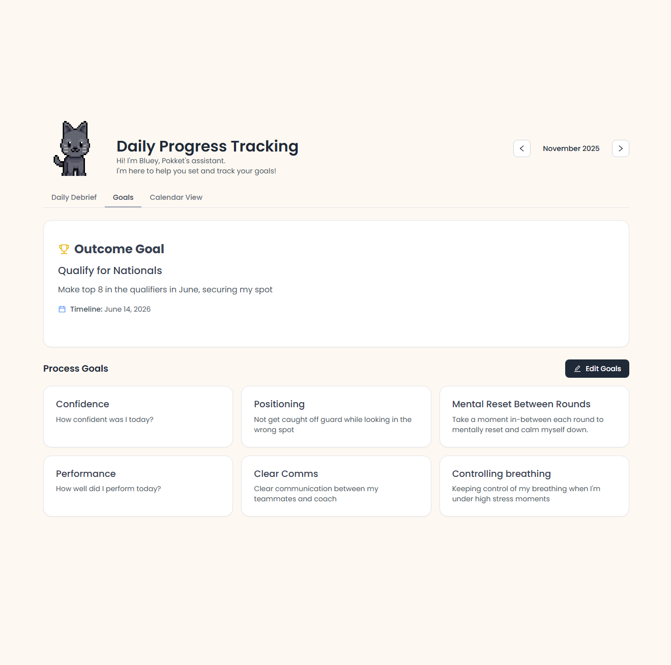 A slider revealing two images. The first, a message from Pokket discussing a sport psychology term. The second, an overview of the goal setting page