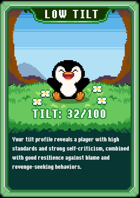 Pokket cheering in a field of flowers, on a playing card displaying the user's tilt profile